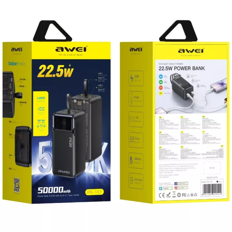 AWEI PA-107 varavirtalähde 50000mAh 22.5W PD 3xUSB musta