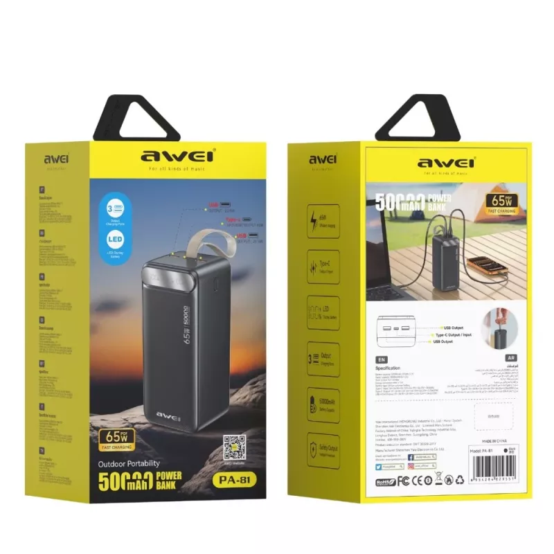 AWEI PA-81 varavirtalähde 50000mAh 65W PD 2xUSB-A/USB-C musta