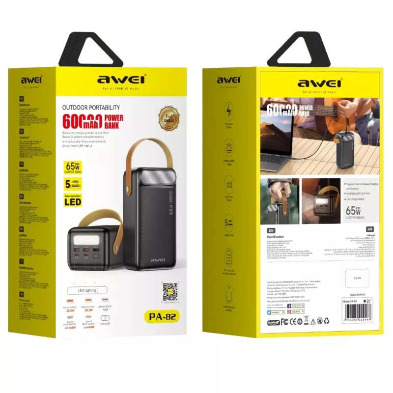 AWEI PA-82 varavirtalähde 60000mAh 65W PD 2xUSB-A/USB-C musta