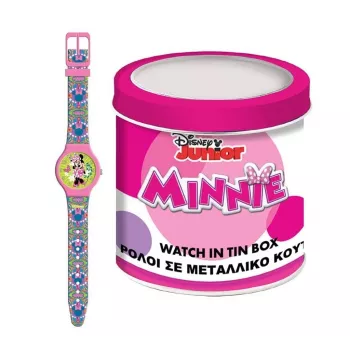 PULIO analoginen rannekello peltipurkissa - Disney Minni Hiiri, vaaleanpunainen PU-nahkaranneke, kvartsikoneisto, 30 mm metallikotelo, roiskevesitiivis, tytöille 6-vuotiaasta