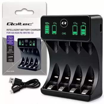 Qoltec 50968 NiMH-akkulaturi AA/AAA LCD-näytöllä ja USB-C-kaapelilla, musta