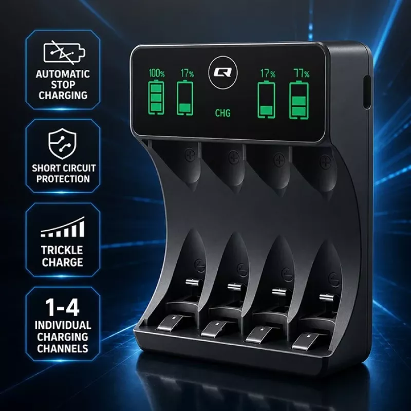 Qoltec 50968 NiMH-akkulaturi AA/AAA-akuille LCD-näytöllä ja USB-C-kaapelilla, musta