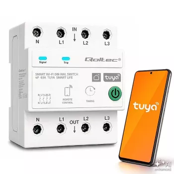 Qoltec 50976 kolmivaiheinen älykäs Wi-Fi-rele 63A, DIN-kisko, 3P+N, ajastin, Tuya