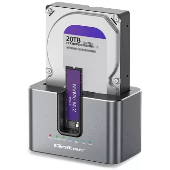 Qoltec 2in1 HDD SSD telakointiasema SATA M.2 NVMe kloonaustoiminnolla, USB-C 3.2 Gen 2, 10Gbps, jopa 28TB, alumiini