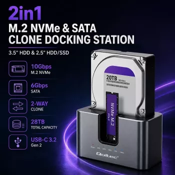 Qoltec 2in1 HDD SSD telakointiasema SATA M.2 NVMe kloonaustoiminnolla, USB-C 3.2 Gen 2, 10Gbps, jopa 28TB, alumiini