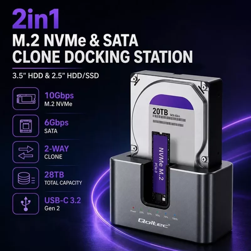 Qoltec 2in1 HDD SSD telakointiasema SATA M.2 NVMe kloonaustoiminnolla, USB-C 3.2 Gen 2, 10Gbps, jopa 28TB, alumiini