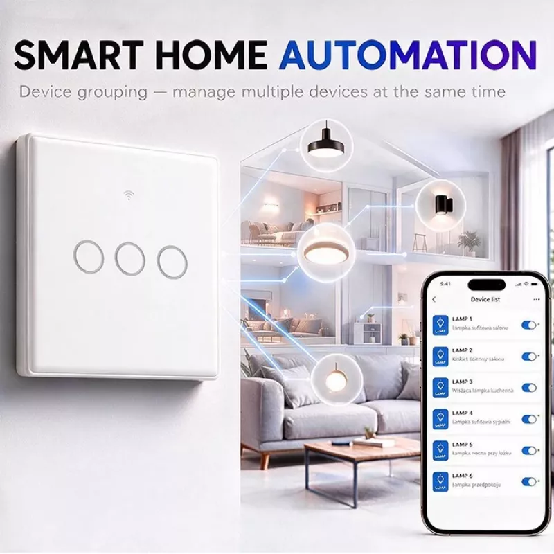 Qoltec Smart Touch valokytkin 3-kytkin Wi-Fi ajastin Tuya valkoinen