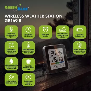 GREENBLUE GB169 B radio-ohjattu sääasema väridisplaylla ja ulkoanturilla