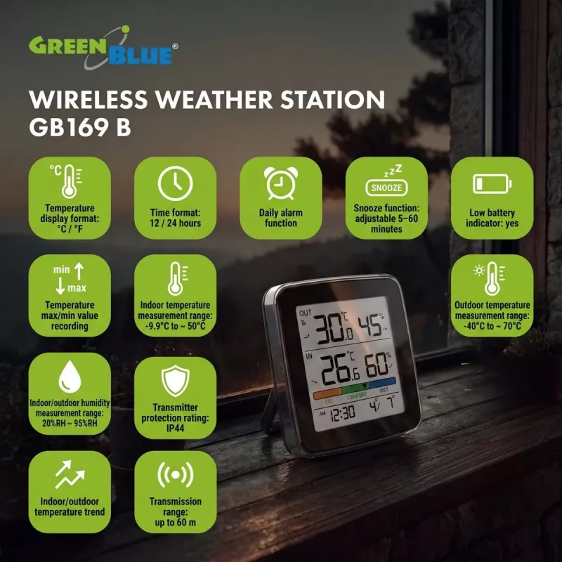 GREENBLUE GB169 B radio-ohjattu sääasema väridisplaylla ja ulkoanturilla