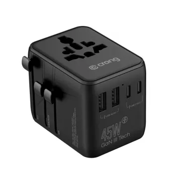 Crong One World Travel Adapter GaN 45W UK/EU/US/AU musta