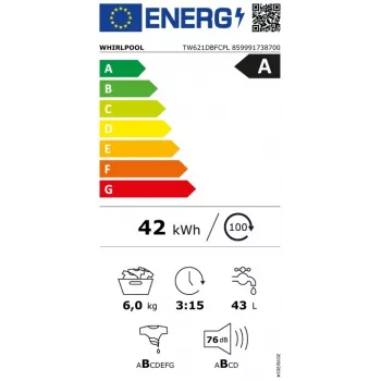 Whirlpool TW621DBFCPL vapaasti seisova edestä täytettävä pesukone, 6 kg, 1200 kierr./min, valkoinen