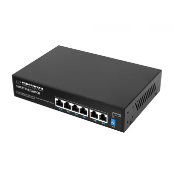 ESPERANZA 6-porttinen PoE+ Gigabit-kytkin 65W GOLIATH (4 PoE+ porttia, 2 uplink-porttia, 12 Gbps, tuulettimeton metalli)