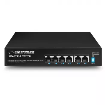 ESPERANZA 6-porttinen PoE+ Gigabit-kytkin 65W GOLIATH (4 PoE+ porttia, 2 uplink-porttia, 12 Gbps, tuulettimeton metalli)