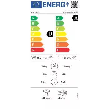 Gorenje WDG2PS954A1D2/PL pesukone kuivausrummulla, 9 kg pesu / 6 kg kuivaus, 1400 kierr./min, energiatehokkuusluokka A, valkoinen