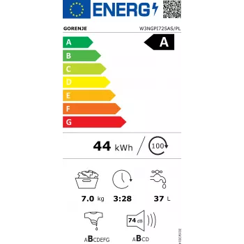 Gorenje W3NGPI72SAS/PL 7 kg 1200 kierr./min vapaasti seisova edestä täytettävä pesukone SteamTech- ja Inverter PowerDrive -moottorilla
