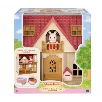 EPOCH Sylvanian Families Starter House - Red Roof Series nukkekoti Freya Chocolate Rabbit -hahmolla ja 10 kalusteella