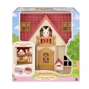EPOCH Sylvanian Families Starter House - Red Roof Series nukkekoti Freya Chocolate Rabbit -hahmolla ja 10 kalusteella