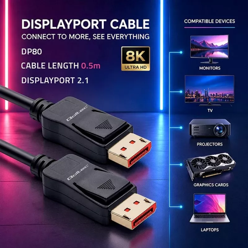 QOLTEC DisplayPort-kaapeli M/M v2.1 54G 0,5 m