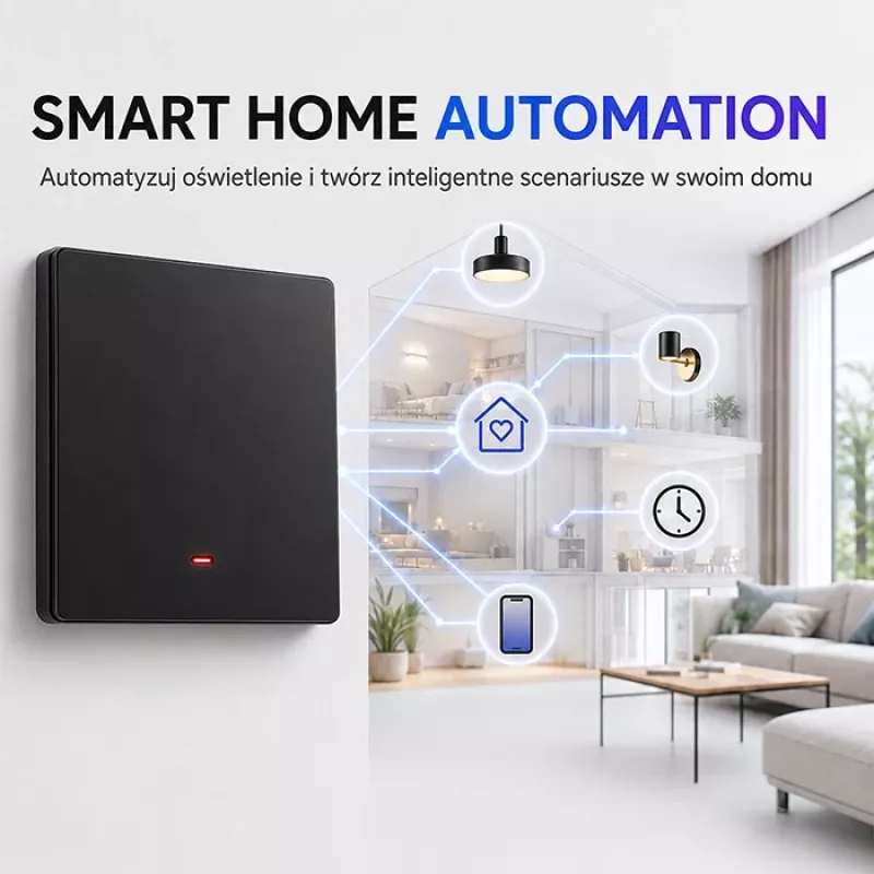 Qoltec 52722 älykäs Wi-Fi-valokytkin, 1-kanava, kosketuspaneeli, ajastin, Tuya/Smart Life, musta