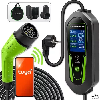 Qoltec kannettava EV-laturi Type 2 -Schuko 3,5 kW 16 A 5 m kaapeli Wi-Fi ja LCD