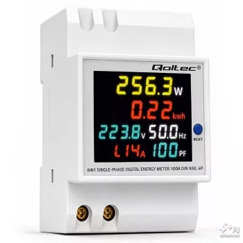 Qoltec Yksivaiheinen 6-in-1 DIN-kiskoon asennettava energiamittari 100A CT:llä, 230V, LCD, pulssilähtö