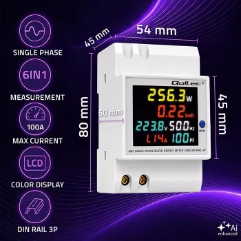 Qoltec Yksivaiheinen 6-in-1 DIN-kiskoon asennettava energiamittari 100A CT:llä, 230V, LCD, pulssilähtö