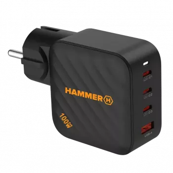 HAMMER RapidCharge 100W GaN-laturi, 2x USB-C PD 100W + 1x USB-A QC 30W, musta
