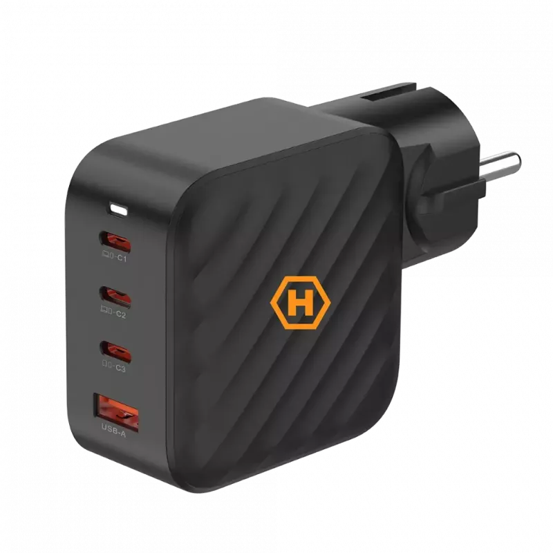 HAMMER RapidCharge 100W GaN-laturi, 2x USB-C PD 100W + 1x USB-A QC 30W, musta