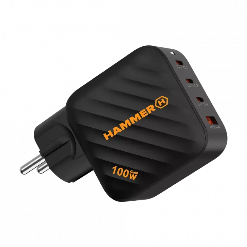 HAMMER RapidCharge 100W GaN-laturi, 2x USB-C PD 100W + 1x USB-A QC 30W, musta