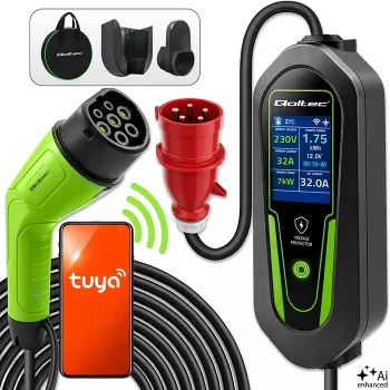 Qoltec Type 2 sähköauton laturi säädettävällä virralla, 7 kW, 230 V, CEE 32 A, Wi-Fi, Tuya Smart Life, LCD, 5 m kaapeli
