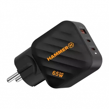 HAMMER RapidCharge 65W GaN-laturi - 2x USB-C PD, 1x USB-A QC, musta