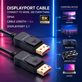 QOLTEC DisplayPort-kaapeli M/M v2.1 40G 1,5 m