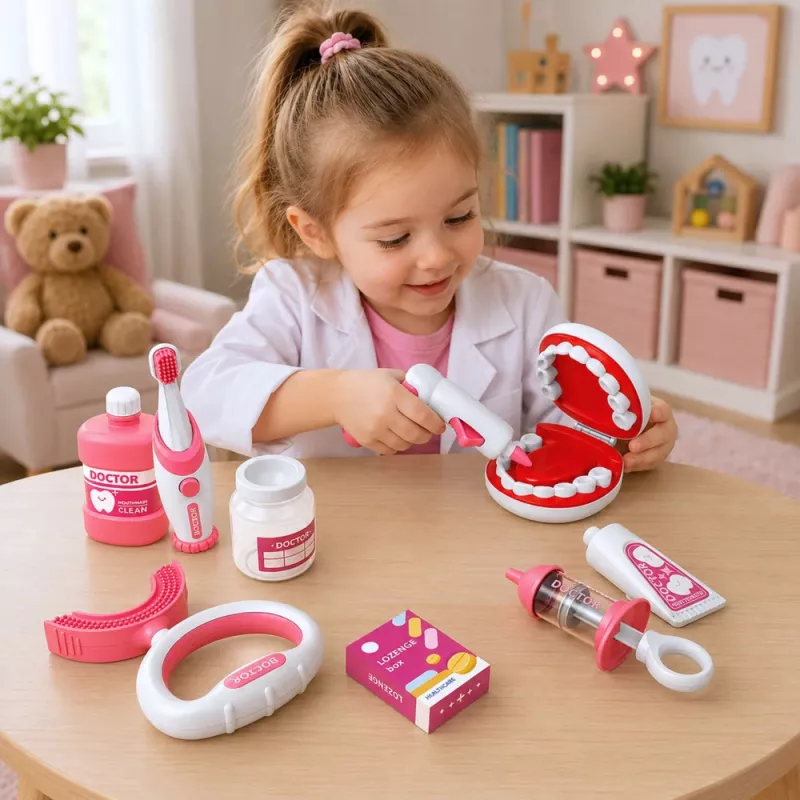 LEAN TOYS pieni hammaslääkärisetti värisevällä hammasharjalla, pinkki, 15 osaa