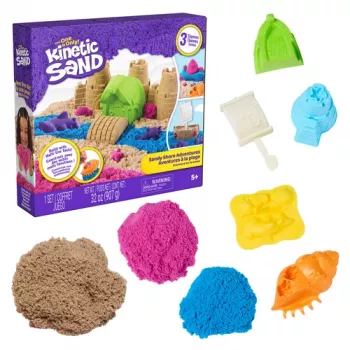 Kinetic Sand Beach Adventure setti – 907g hiekkaa 3 värissä muottien, työkalujen ja pelialtaan kanssa