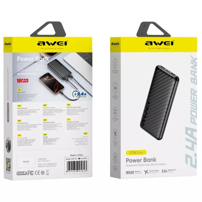 AWEI Power Bank 10000mAh P5K Pro 2xUSB - musta