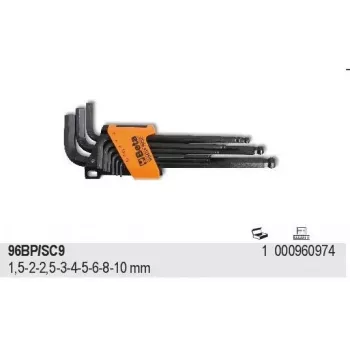 BETA 96BP/SC9 9-osainen metrinen kuusiokoloavainsarja pallopäällä, 1,5-10mm, kromi-vanadiiniteräs