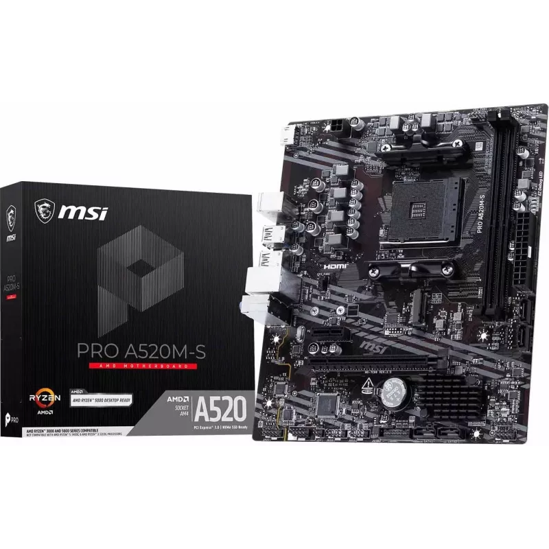 MSI A520M-S AMD A520 AM4 Micro-ATX -emolevy - DDR4, HDMI, DVI, VGA, Gigabit-LAN