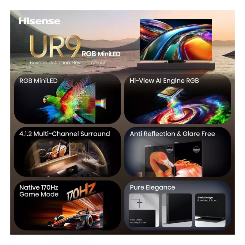 Hisense 65UR9DS 65 tuuman 4K UHD RGB MiniLED -älytelevisio, 3840x2160, 170 Hz, 6 ms, HDR, HDMI, USB-C, LAN, WiFi, Bluetooth, musta/harmaa