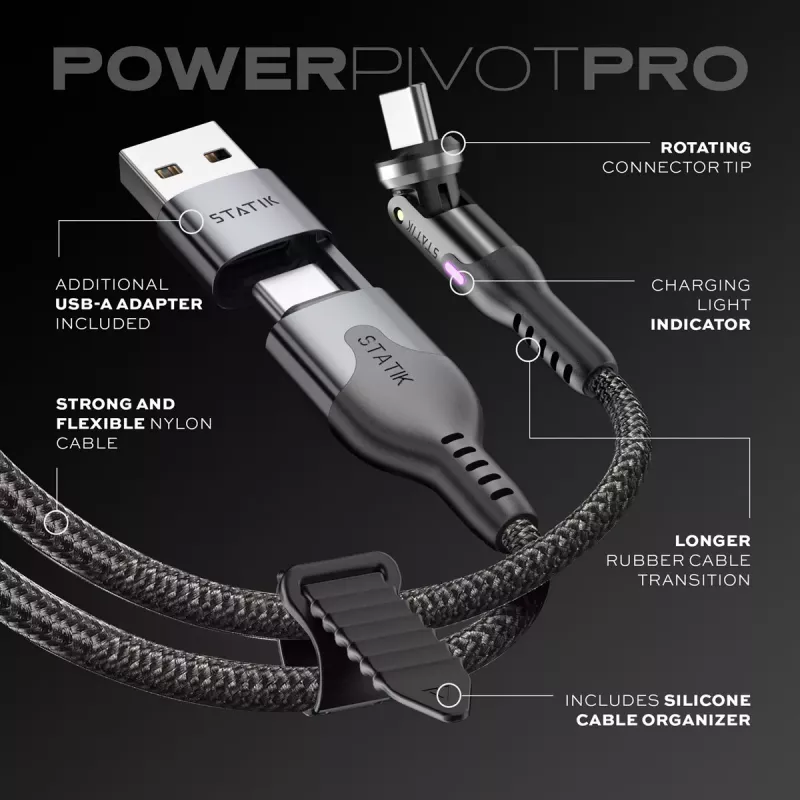STATIK PowerPivot Pro nylonpunottu USB-C - USB-C -kaapeli 3m musta