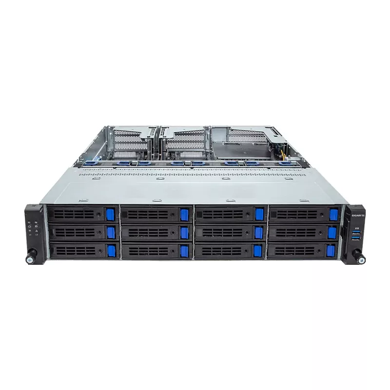 Giga Computing GigaByte R263-S30-AAH2 2U räkkipalvelimen barebone, 5. ja 4. sukupolven Intel, 12x 3,5/2,5 tuuman paikkaa, 2x 1300 W virtalähde