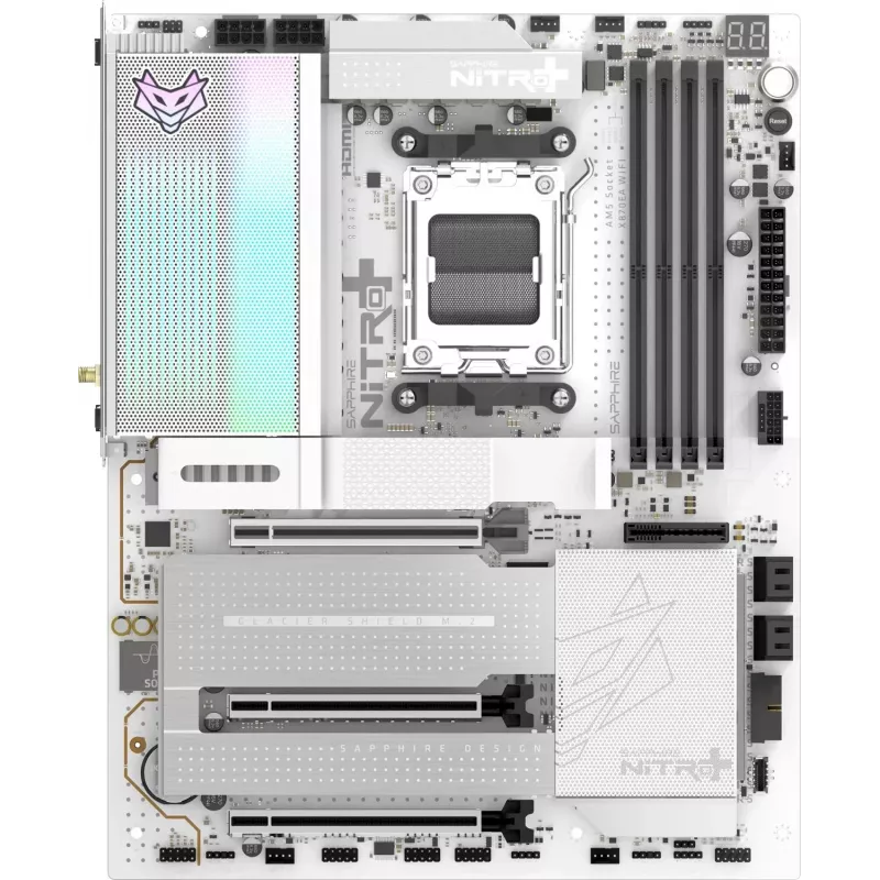 SAPPHIRE NITRO+ X870EA PHANTOMLINK P.E emolevy, AMD X870E, Socket AM5, DDR5, Wi-Fi 7, valkoinen/musta