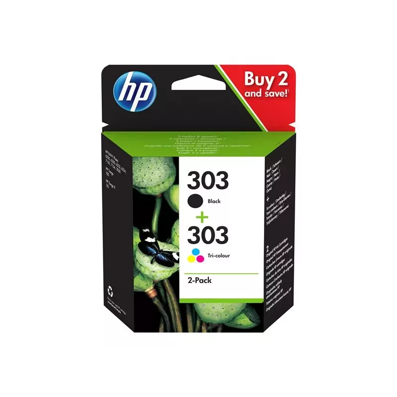 HP 303 musta/kolmivärinen alkuperäinen värikasetti 2 kpl:n pakkaus