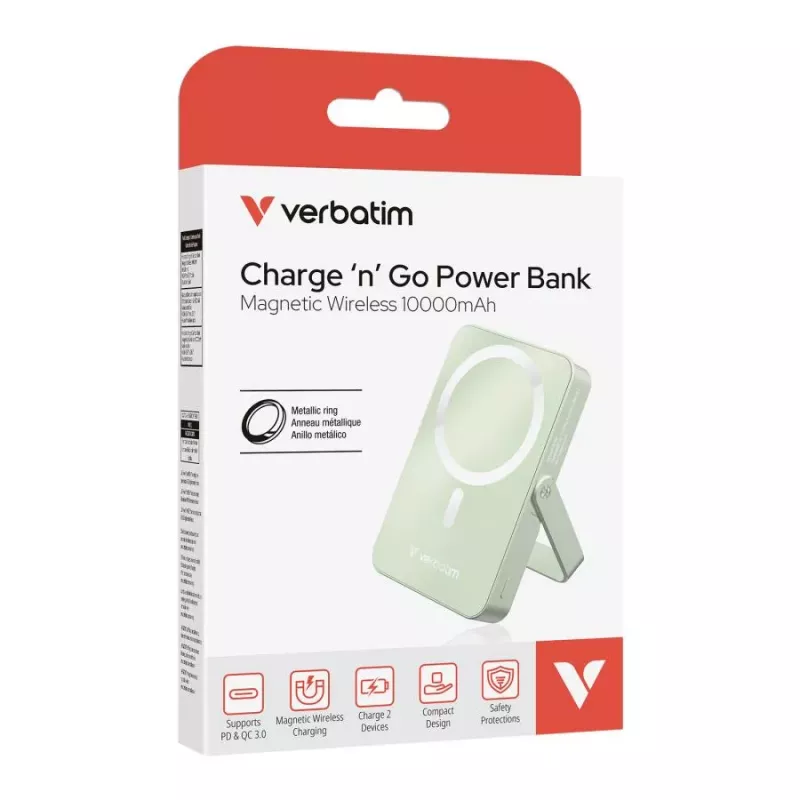 Verbatim Charge 'n' Go Magnetic Wireless -varavirtalähde jalustalla 10000mAh USB-C PD 3.0 vihreä
