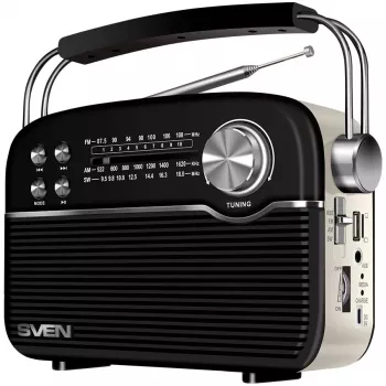 Kaiutin SVEN SRP-500, musta (3W, Bluetooth, FM/AM/SW, USB, microSD, AUX, akku)