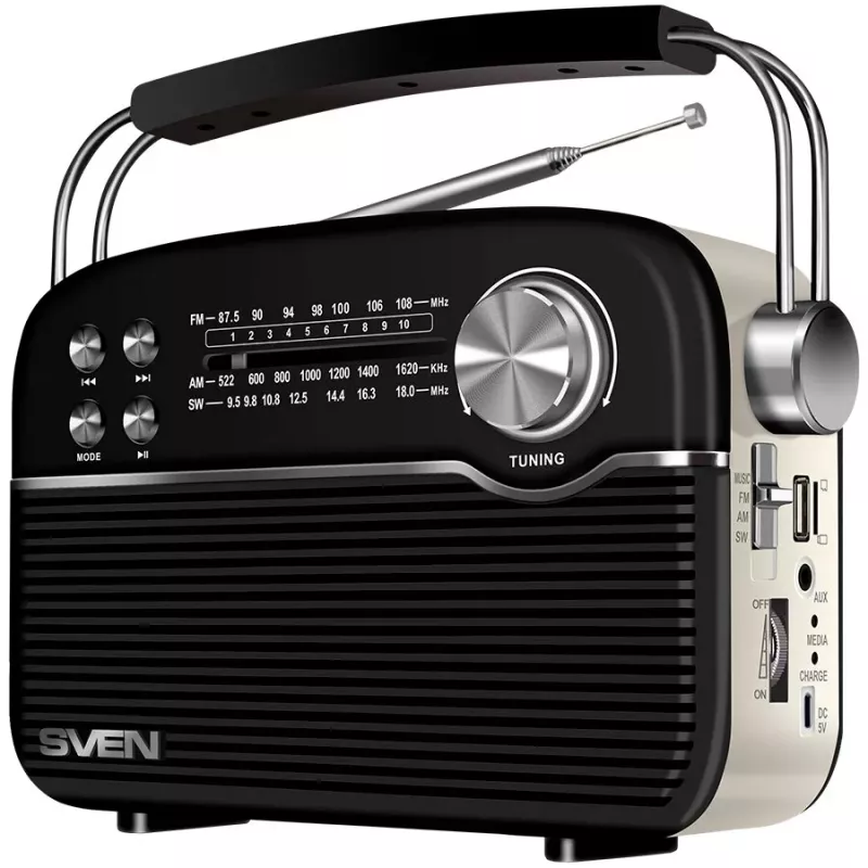 Kaiutin SVEN SRP-500, musta (3W, Bluetooth, FM/AM/SW, USB, microSD, AUX, akku)