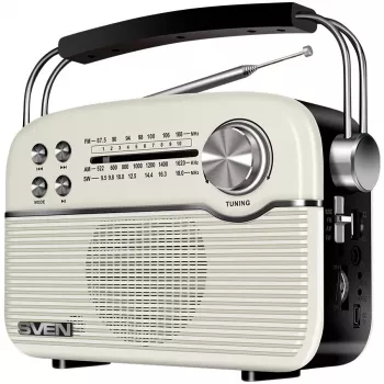SVEN SRP-500 kannettava Bluetooth-kaiutin, valkoinen (3W, FM/AM/SW-radio, USB, microSD, AUX, akku)