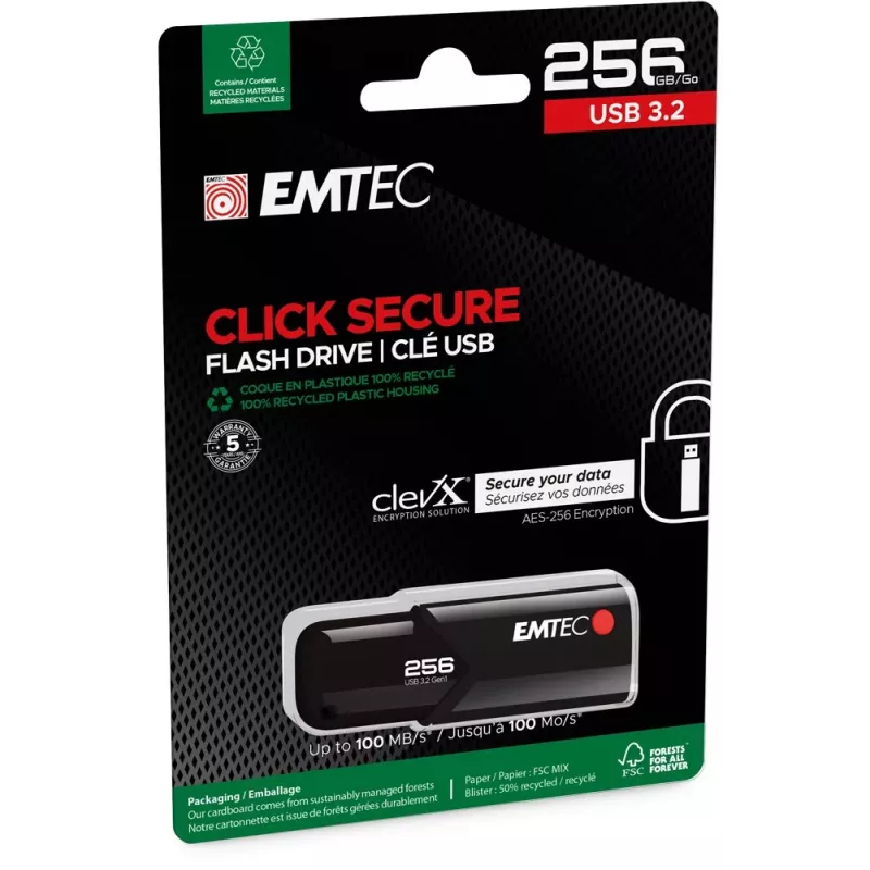 Emtec USB 3.2 Click Secure B120 256GB USB-muistitikku musta