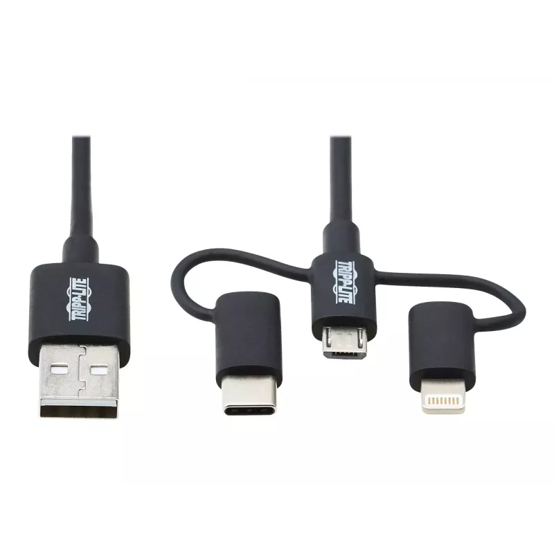 Eaton Tripp Lite Series universaali USB-A - Lightning, USB Micro-B ja USB-C sync-/latauskaapeli (M/3xM), MFi-sertifioitu, musta, 1,8 m