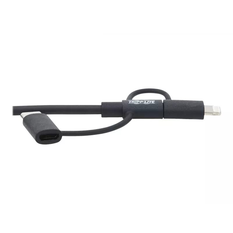 Eaton Tripp Lite Series universaali USB-A - Lightning, USB Micro-B ja USB-C sync-/latauskaapeli (M/3xM), MFi-sertifioitu, musta, 1,8 m