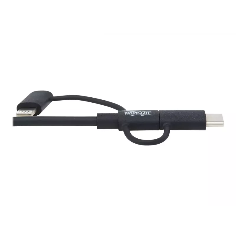 Eaton Tripp Lite Series universaali USB-A - Lightning, USB Micro-B ja USB-C sync-/latauskaapeli (M/3xM), MFi-sertifioitu, musta, 1,8 m
